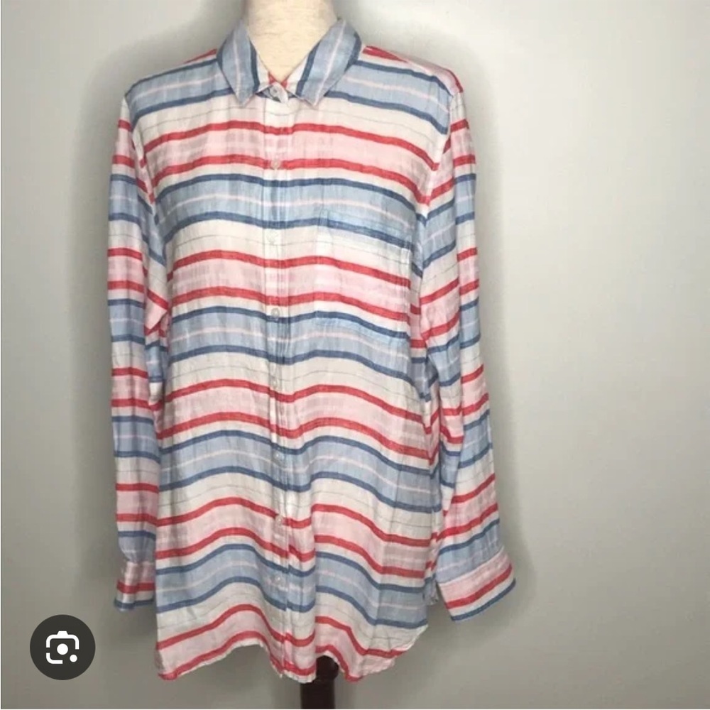 Joules 100% linen striped orange blue button front shirt top